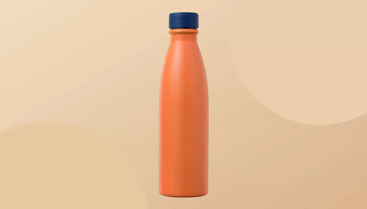Orange bottle on a warm geometric background