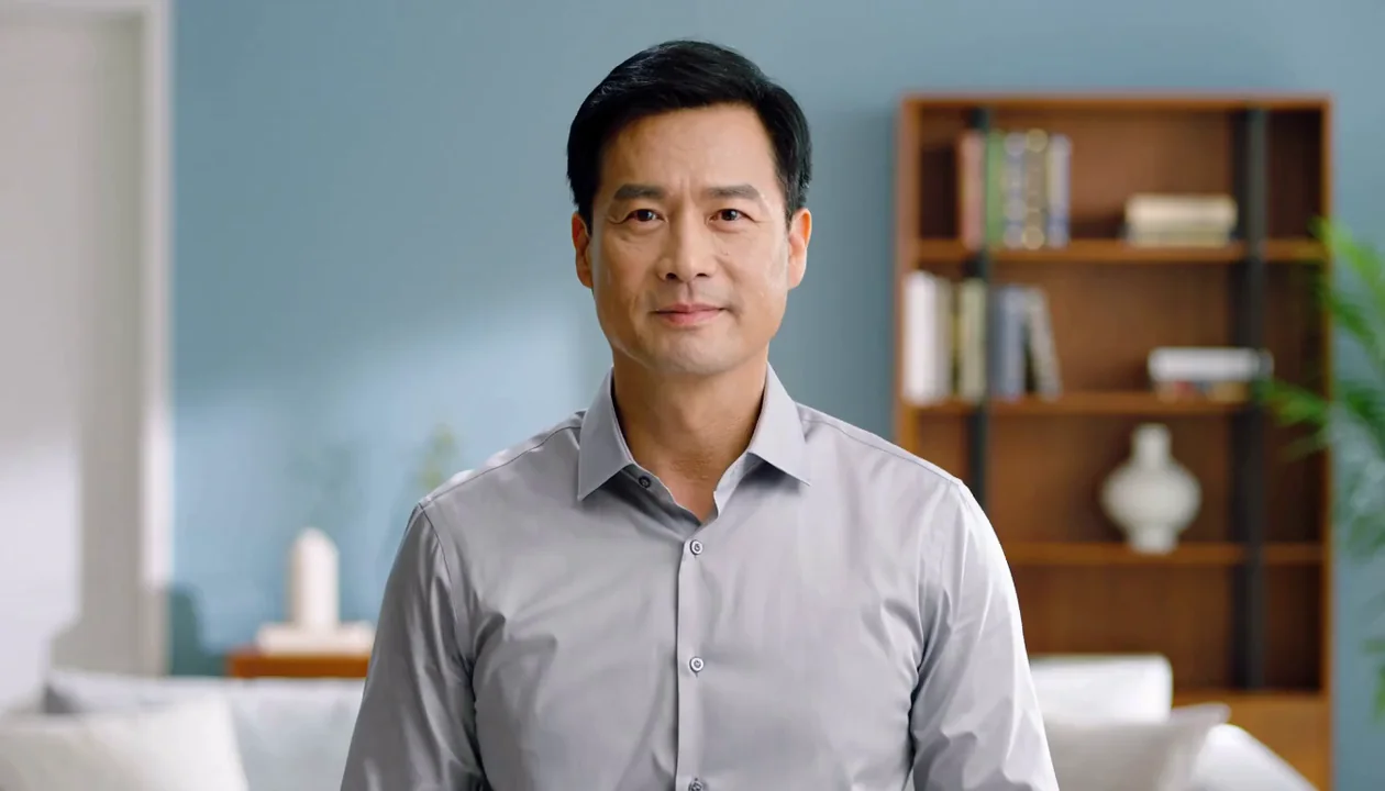 Fictional presenter in a pale blue room