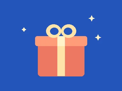 Bouncing gift box and sparkles on blue